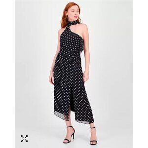 Rachel Roy Black & White Polka Dot One-Shoulder Draped Midi Dress Size 14